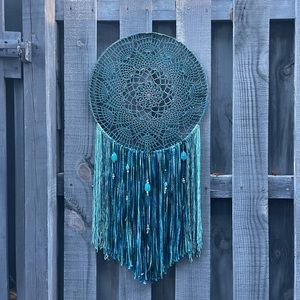 Crocheted Large Boho Teal Wall Hanging Dreamcatcher